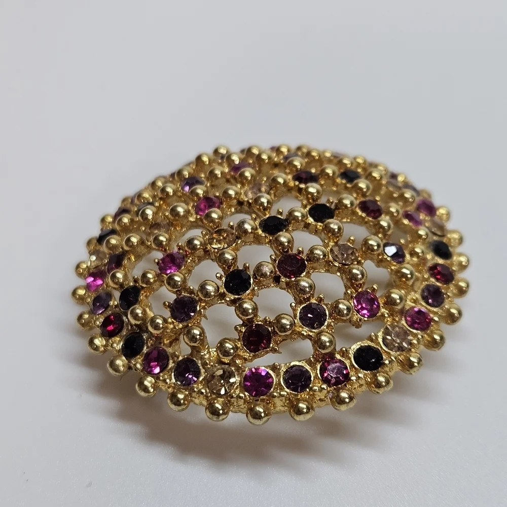 VINTAGE Multi Color Glass Rhinestone Gold Tone Dome Brooch Pin Signed